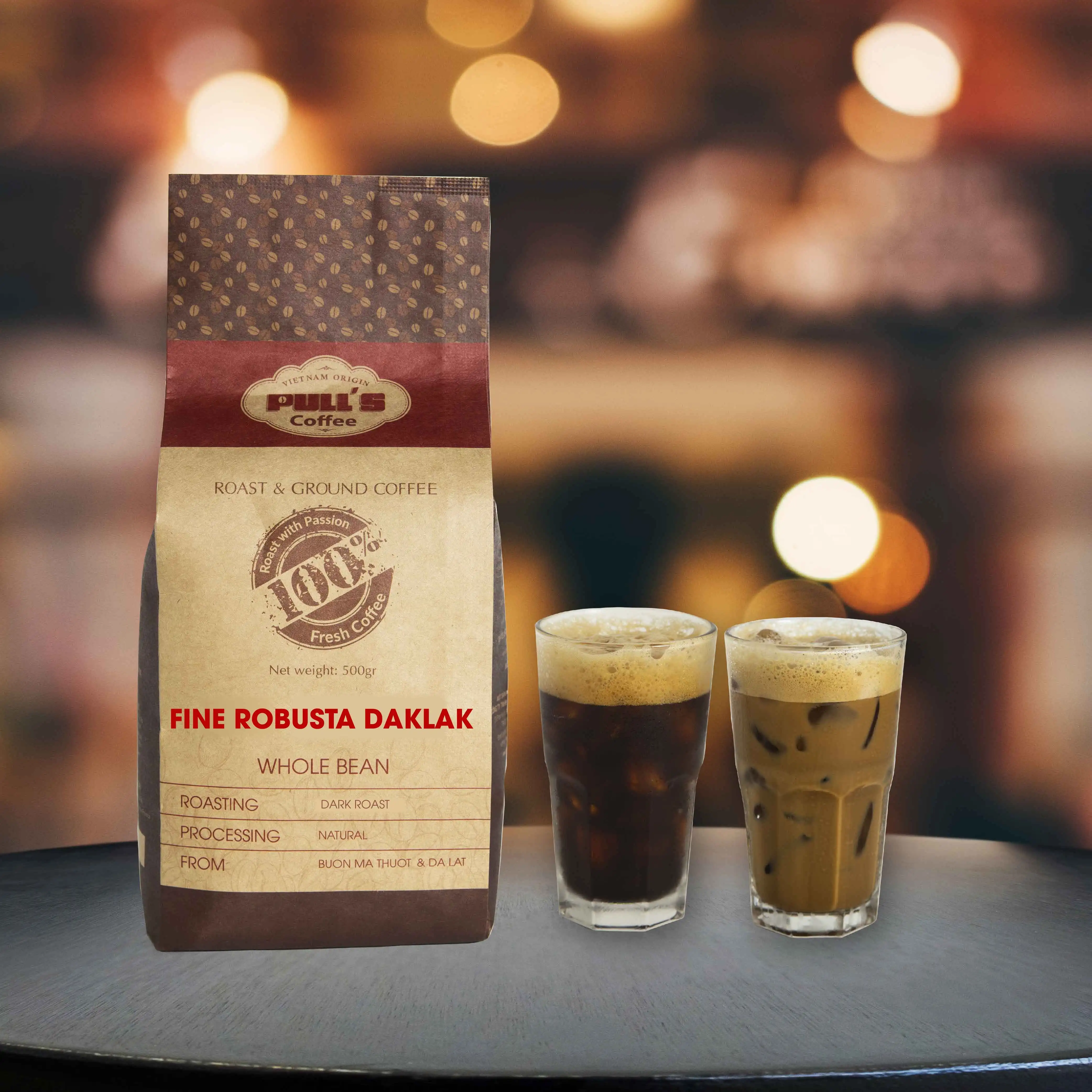 Тонкий темный кофе для жарки робуста Даклак-500 г в упаковке