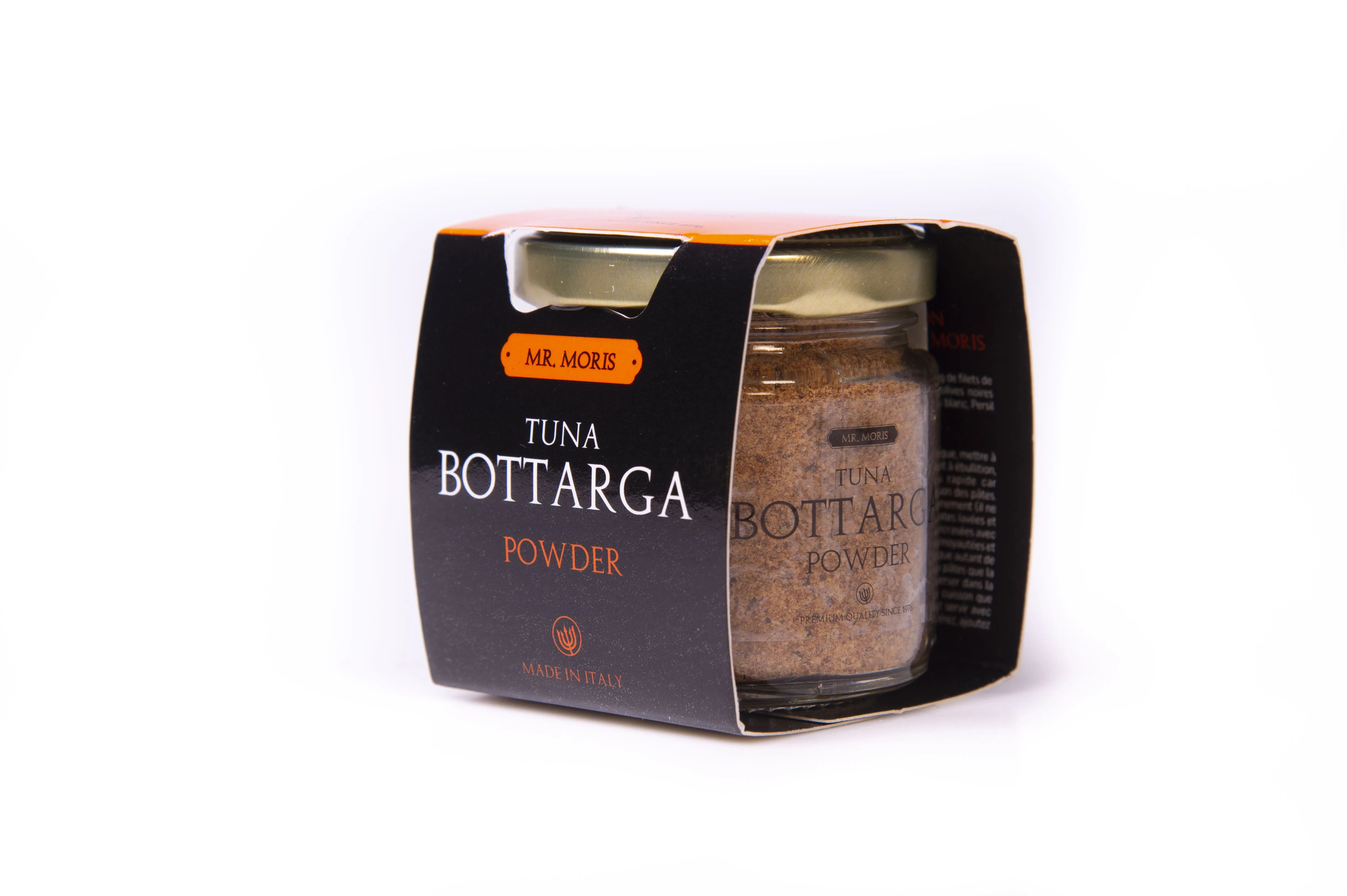 Premium Quality Grated Yellowfin Tuna Bottarga Mr. Moris Made in Italy Kosher Jar 50 g