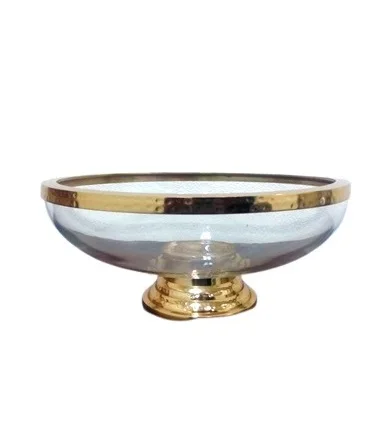 UPPER BASE METAL DESIGN GLASS BOWL BEST SELLING FRUIT AND CANDY BOWL TABLE DECORATION WITH SILVER STRIP BOWL
