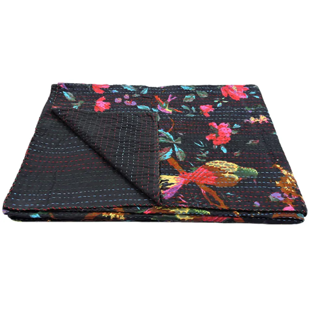 Handmade Black Bird kantha quilt Boho Bedspread