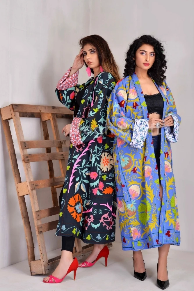 Suzani Kimono - Embroidered Coat Uzbek Jacket Boho Fashion Floral Embroidery Winter