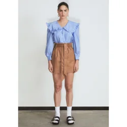 Blouse Retro Korean Style peter pan Collar Shirt White And Blue For Women Long Sleeve Ruffled Fringed Trims Casual Blouse