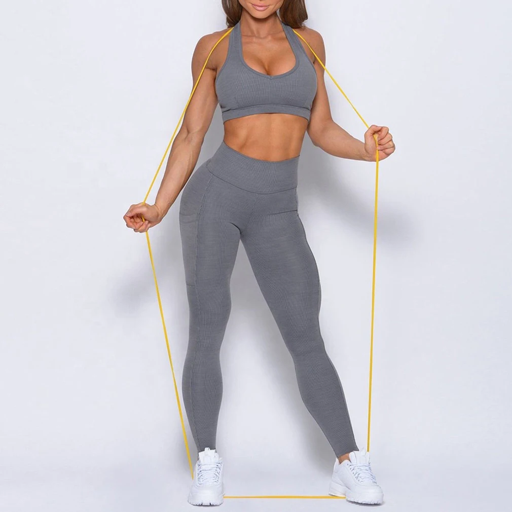 High Waisted Fitness Leggings and Sports Bra Sets Sexy Plus Size Pants With Pockets Women Yoga Gym Set Wholesale