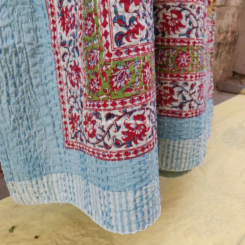 Разноцветное индийское Хлопковое одеяло Kantha с цветочным принтом ручной работы красивое цветочное покрывало оптовая продажа светло-зеленое