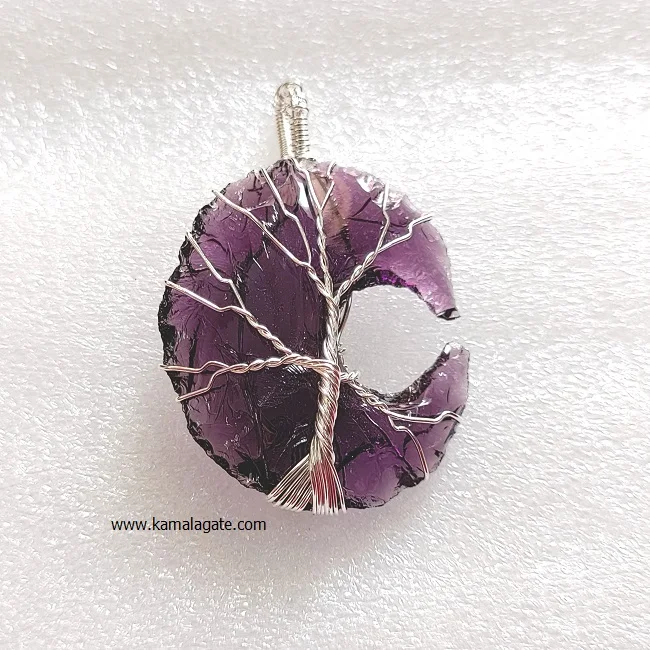 Wholesale Natural Amethyst Stone Pendants & Necklace Hand Knapped Crescent Moon & Tree of Life Wire Wrapped Moon Shape Design