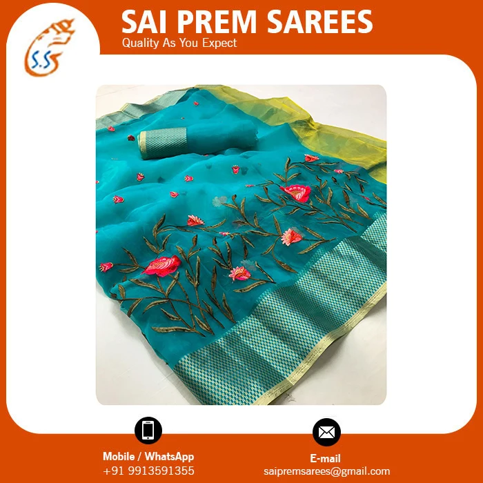 Beautiful Hand Work Saree With Tissue Work And Golden Heavy Border From Indian Wholesaler