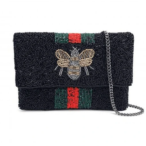 Italian Exclusive Design Striped Bee Beaded Crossbody Chain Clutch Bag Handbag by BUTTER FLY