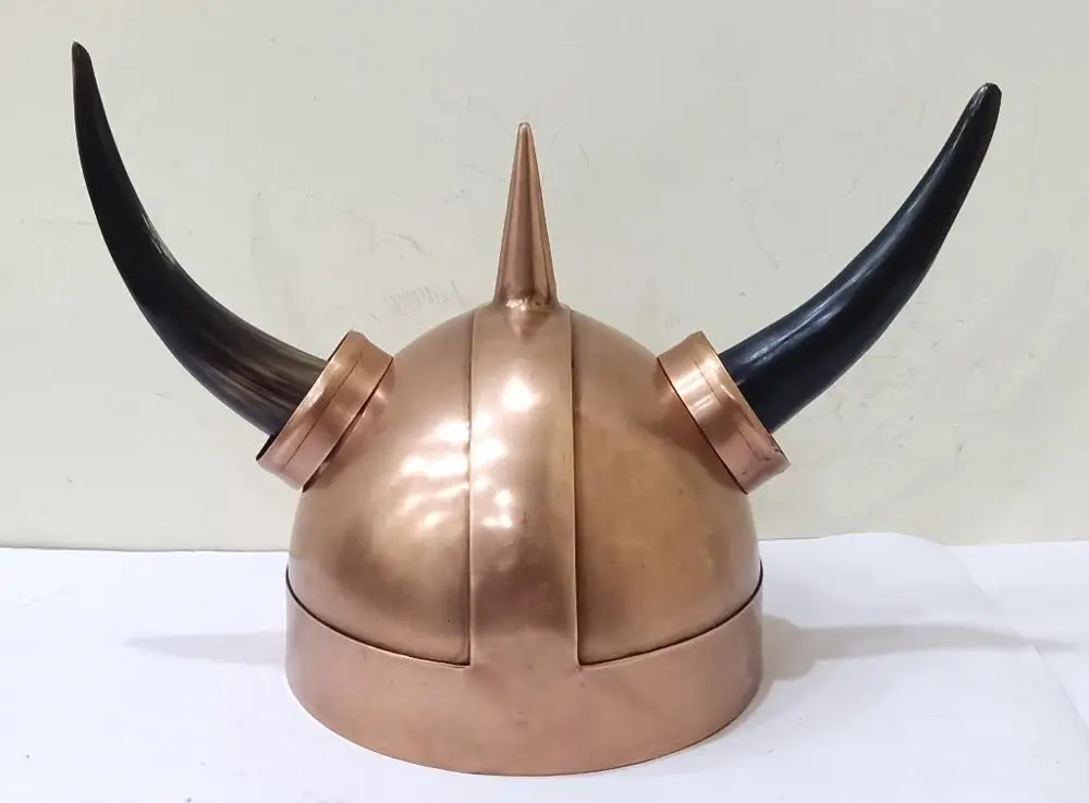 Medieval Armor Helmet 18 Gauge Steel Viking Helmet with Wooden Stand Buffalo Horns Head  Safety Arm Helmet Copper Polished