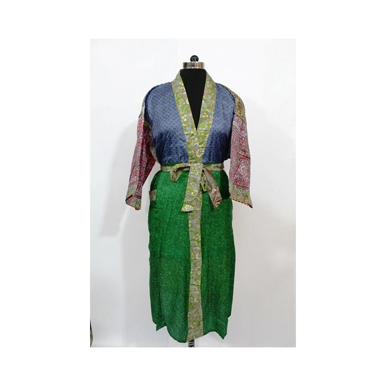 High Quality Silk Sari Kimono Vintage Robe Knee Length Handmade Bohemian Printed Night Wear Gown Maxi Dress Women Kimono Robe