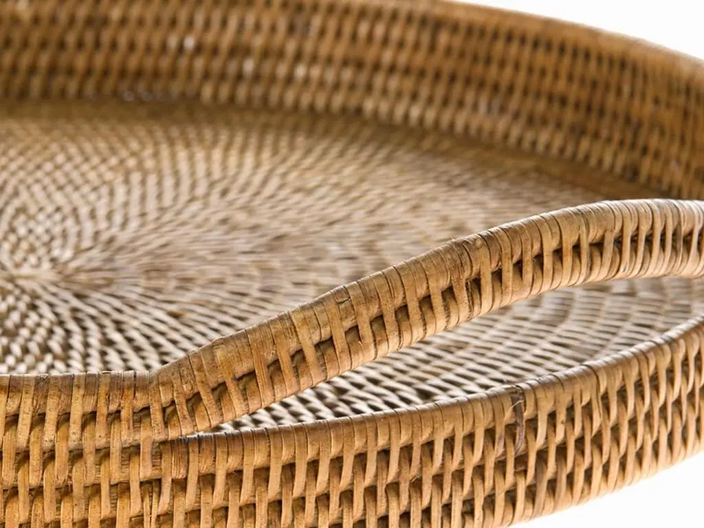 Luxury brown rattan tray with handles handwoven rattan round tray vintage rattan breakfast tray