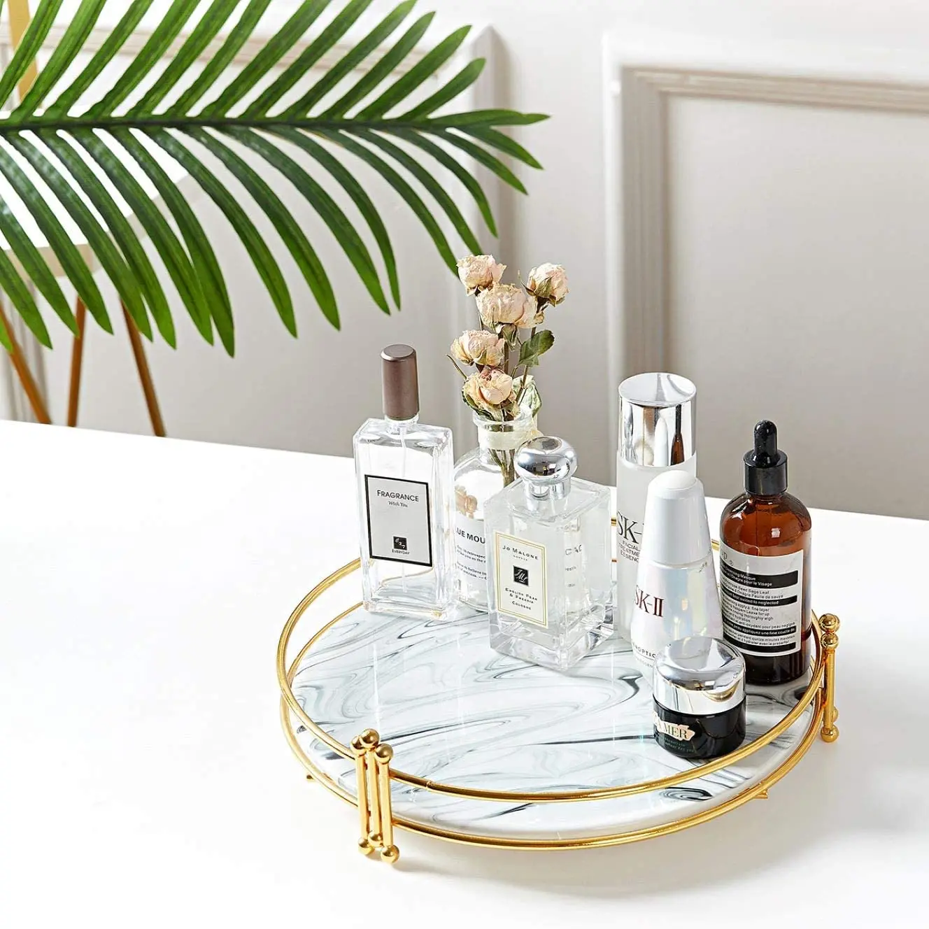 Small Round MARBLE Decorative Tray with Gold Stand