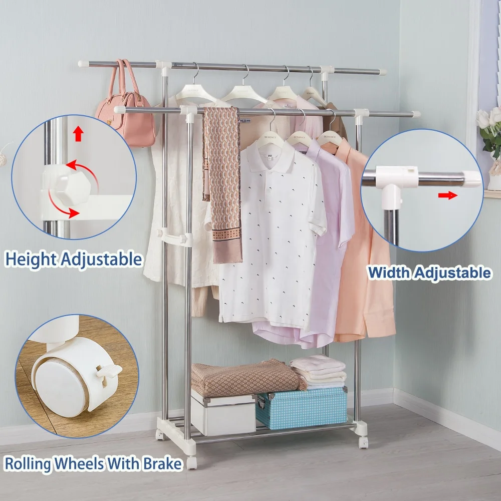 BAOYOUNI Double Rail Cloth Hanger Stand Stainless Steel Clothes Organizer Rack Rolling Wheels Garment Hanging Rack