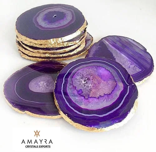 Natural Agate Coasters  | Purple Color Geode Coasters With Golden Plating  |Buy Online From Amayra Crystals Exports