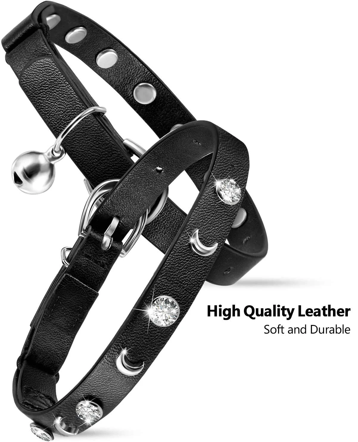 Great Soft Leather Durable Leather Cat Collar Pet Collar Accessories with Premium Diamond & Moon Rivet