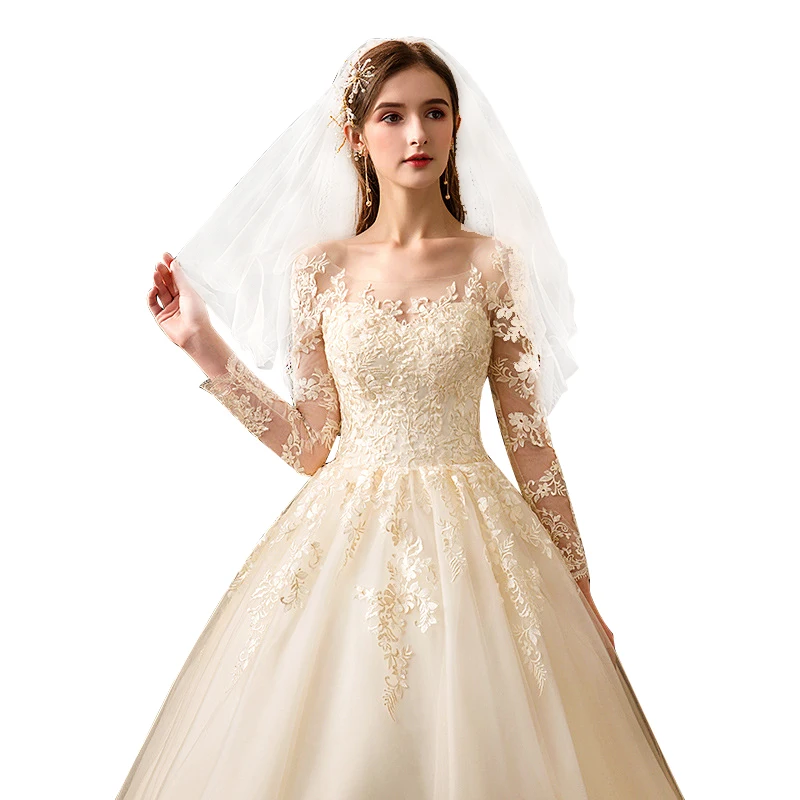 Wedding dress 2022 new luxury temperament fashion lace long sleeve Bride Wedding Dress Large