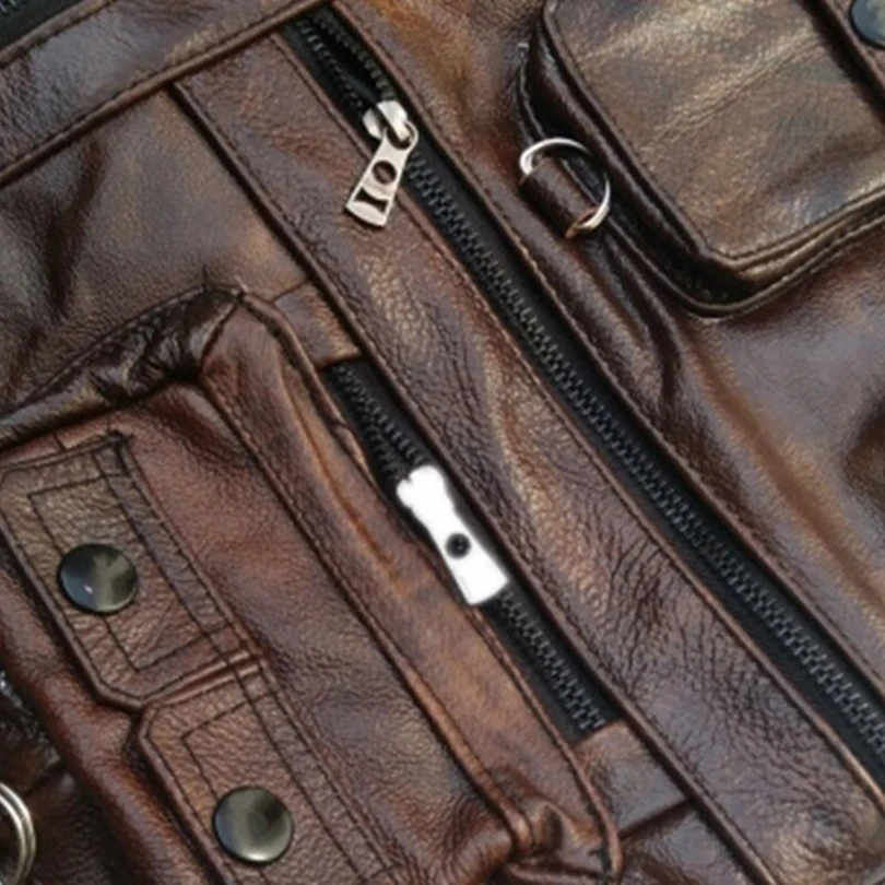 Cowhide Genuine Leather Vest Men Brown Waistcoat Male Sleeveless Jacket Thick High Quality Vest Multi Pocket