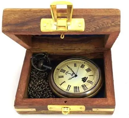 Calvin Handicraft  Antique Vintage Maritime  Locket London Brass Pocket Watch  with hard wood  Box Valentines Day CHLW051