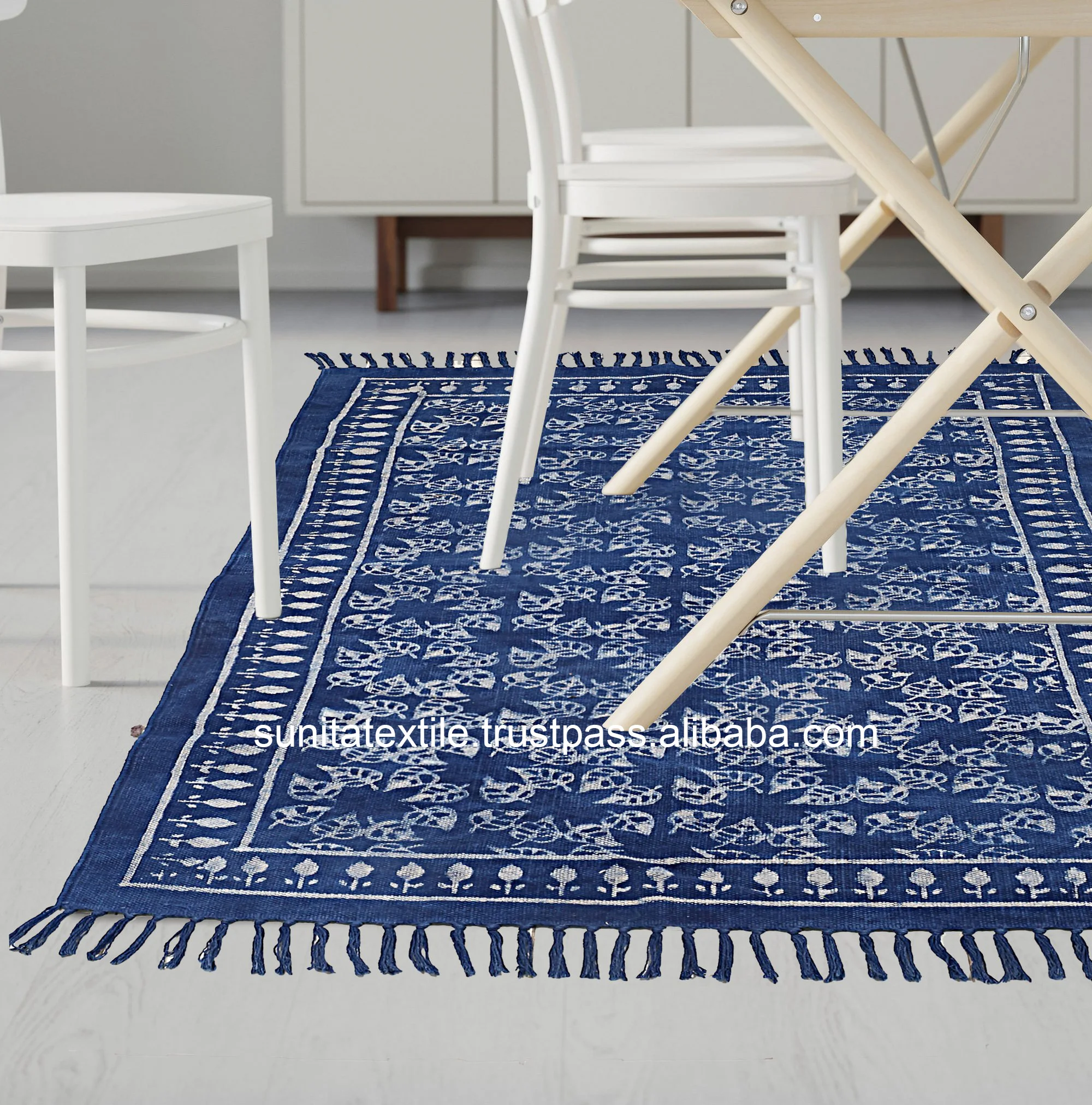 Wholesale Indian 100% Soft Cotton Handmade Bohemian Decorative Bed Runner Blue Indigo Block Printed Floor Area Outdoor Rug