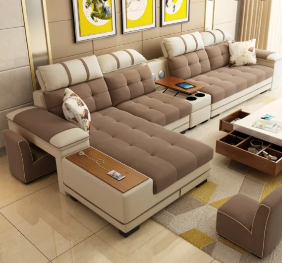 TRIHO S81057 Modern Design Fabric Linen Wood Beige Grey Modular Recliner Corner 7 Seater Sectional Sofa Set Furniture Couch Livi