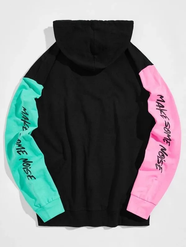 Men Slogan Graphic Color Block Drawstring Hoodie Thermal Lined Long Sleeve Printed Oversize Pullover Hoodies Wholesale