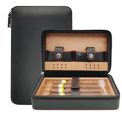 Portable Cedar Wood Cigar Humidor Box Travel Leather Wrap Cigar Case Storage 4 Cigars Box Humidor Humidifier for Sigar