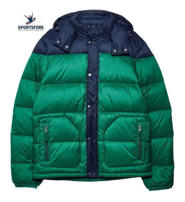 
High Quality Mens Color Block Down-Filled Detachable Hood Zipped 100% Nylon Puffer Jackets 