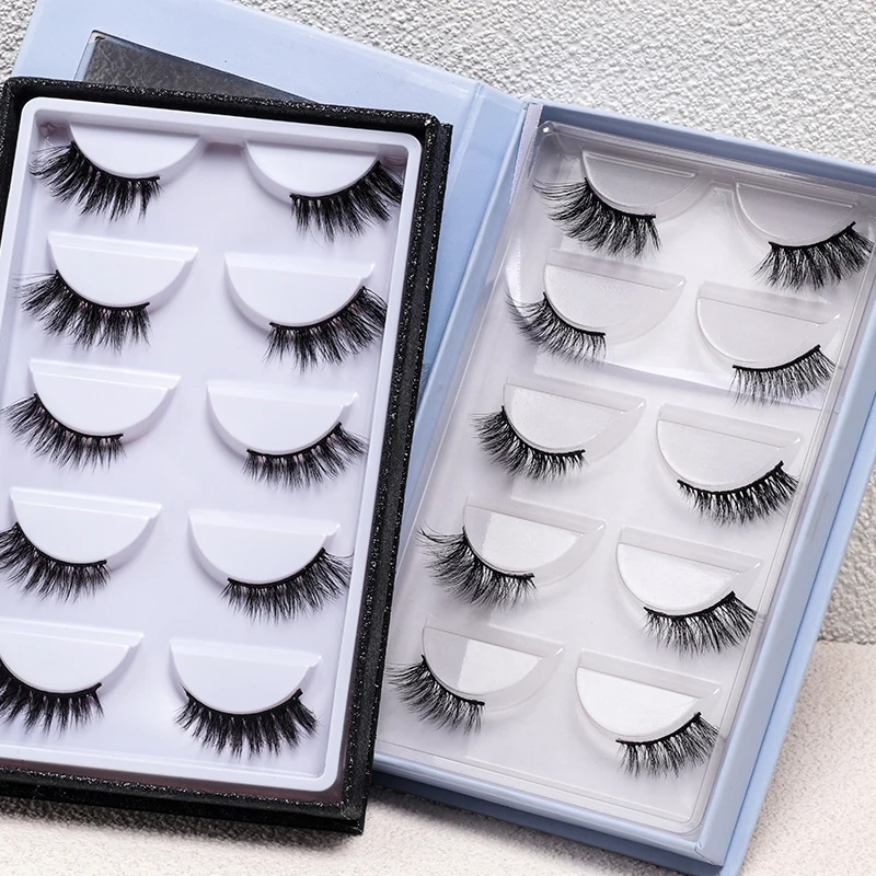 Qingdao Factory Vendor 3D Faux Mink Eyelashes Vegan Half Band Nature Invisible USA Market 5 Pairs Lashes Set Book