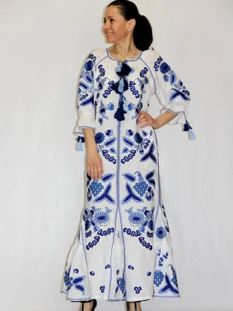 
winter stylish women ukrainian jacket floral embroidery work puff long sleeve full length ukrainian jacket dress 