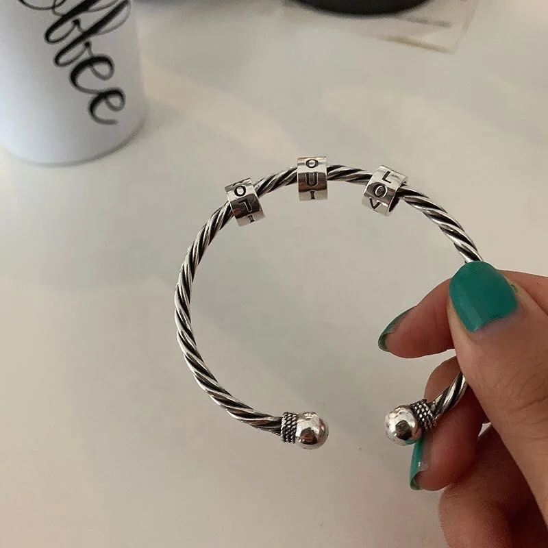 SY English Letter 925 Sterling Silver Jewelry Geometry Vintage Bracelet