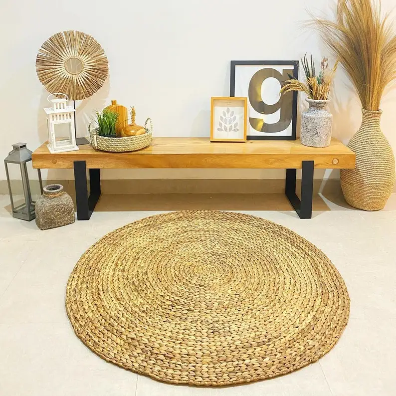 Plain Hand Woven water hyacinth Round Rug, Rustic Style Natural Brown Carpet Picnic Mat