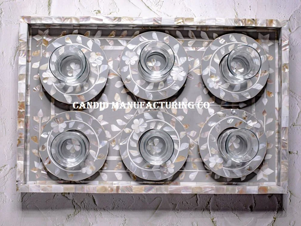 Direct Factory Mother of Pearl Tray with Platter or Coasters Plates Arabic Bone Inlay Wood inlay Pearl Inlaid Serving Tray