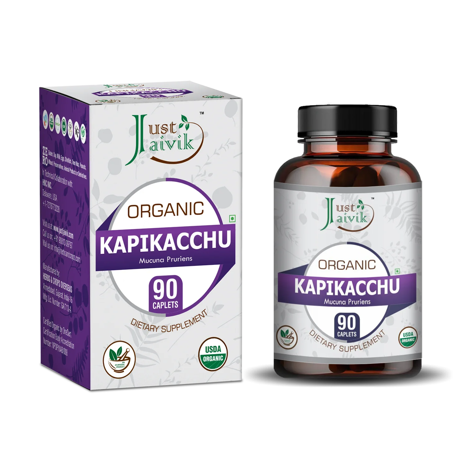 Just Jaivik Organic Kapikacchu Caplets (Mucuna pruriens) - 750mg, 90counts