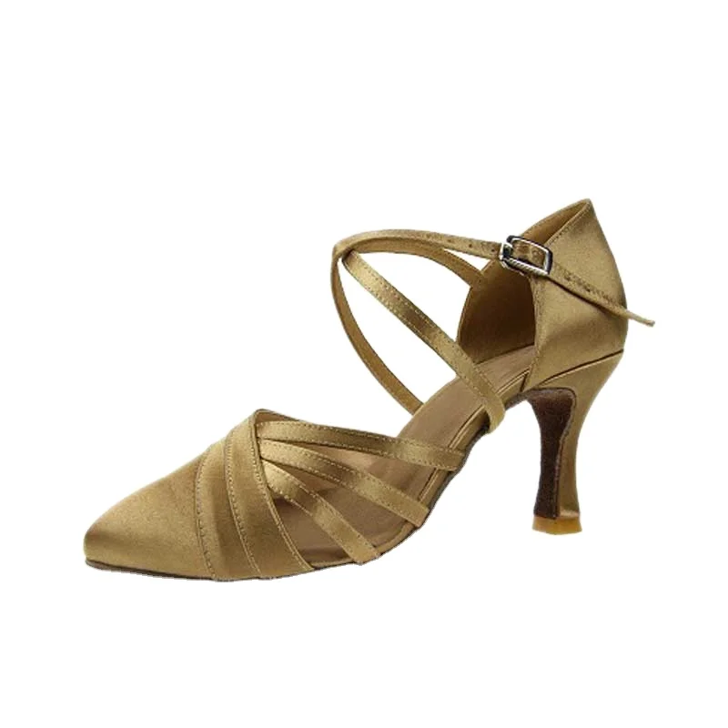 Suphini latin shoes ballroom standard closed toe tan color satin dance shoes