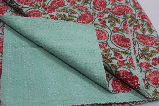 Hand Block Cotton Bedding Bedspread Reversible Twin Blanket Kantha Quilt For Home Decoration