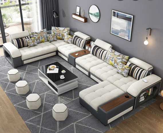 TRIHO S81057 Modern Design Fabric Linen Wood Beige Grey Modular Recliner Corner 7 Seater Sectional Sofa Set Furniture Couch Livi