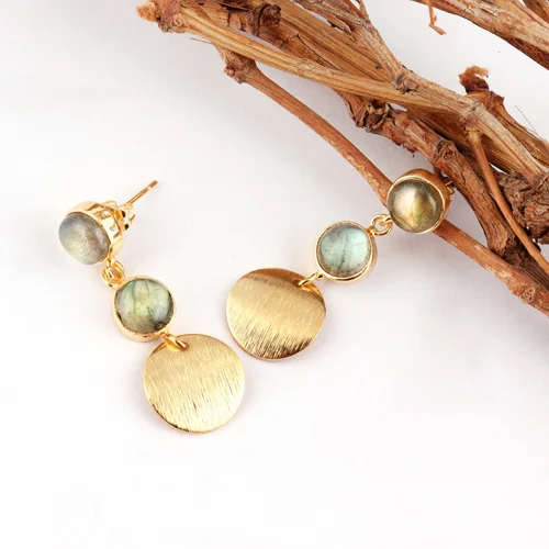 Fiery round shape labradorite gemstone drop dangle earrings brass handmade dis brushed designer earrings