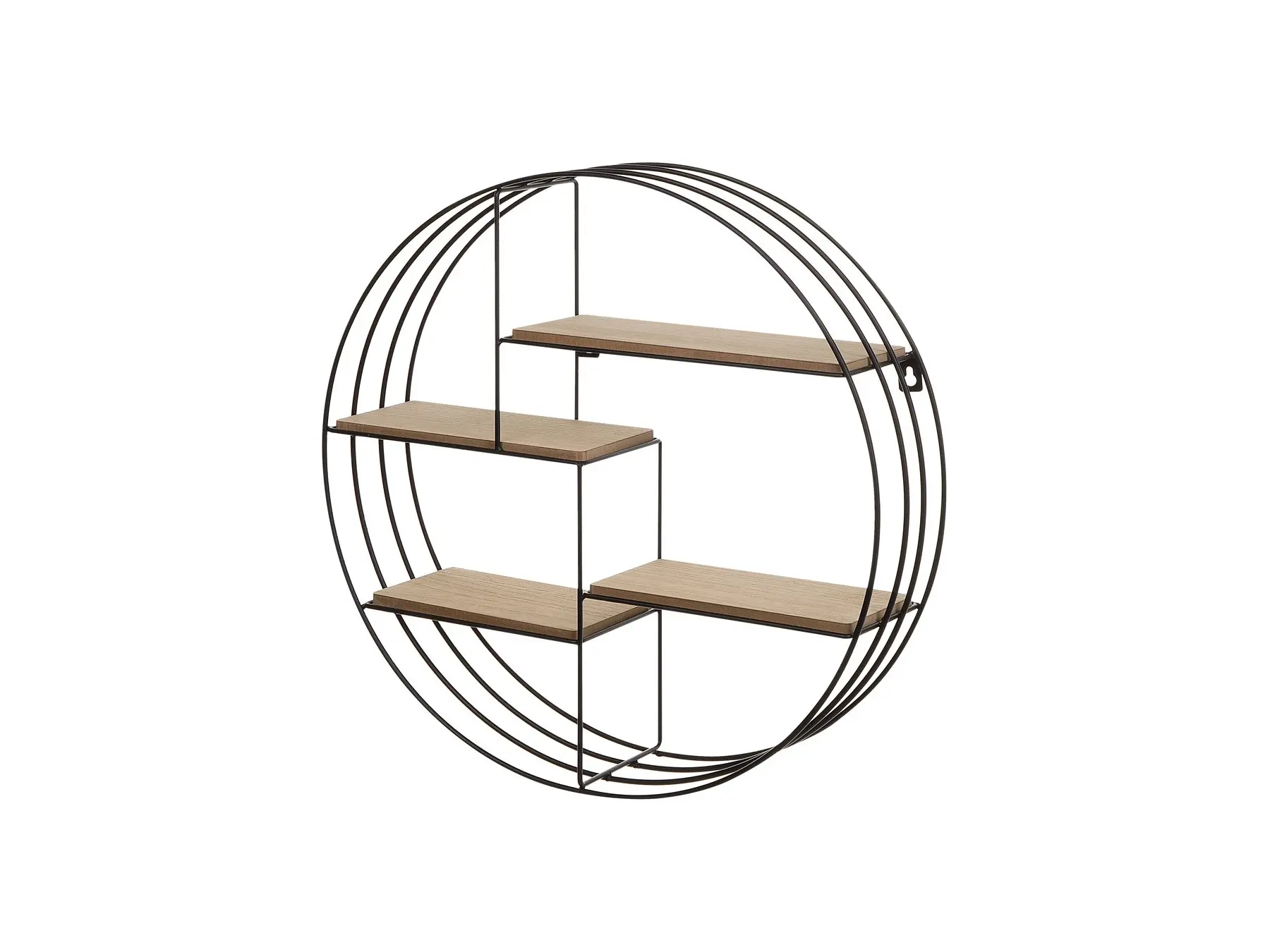 Living Room Industrial Metal Round Wall Book Shelf Black Finish With Light Wooden Slaves