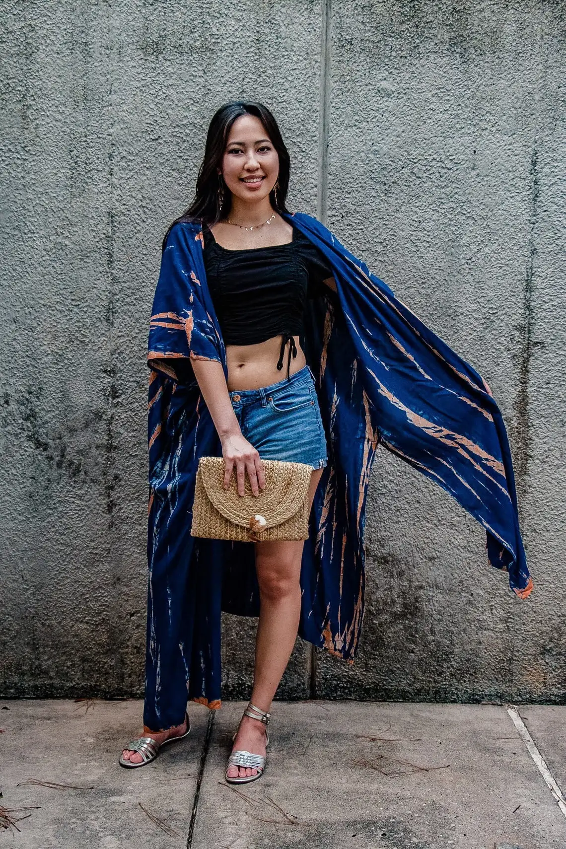 Cheap Wholesale Clothing Factory Oem Tie Dye Kimonos Long Length for Women Beach Wear Cover Blue Boho Style Beach Dress