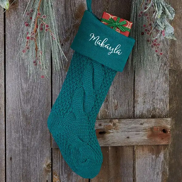 Newest 18in Colorful Teal Cozy Christmas Gift Bag Custom Embroidery Name Cable Knit Personalized Christmas Stocking
