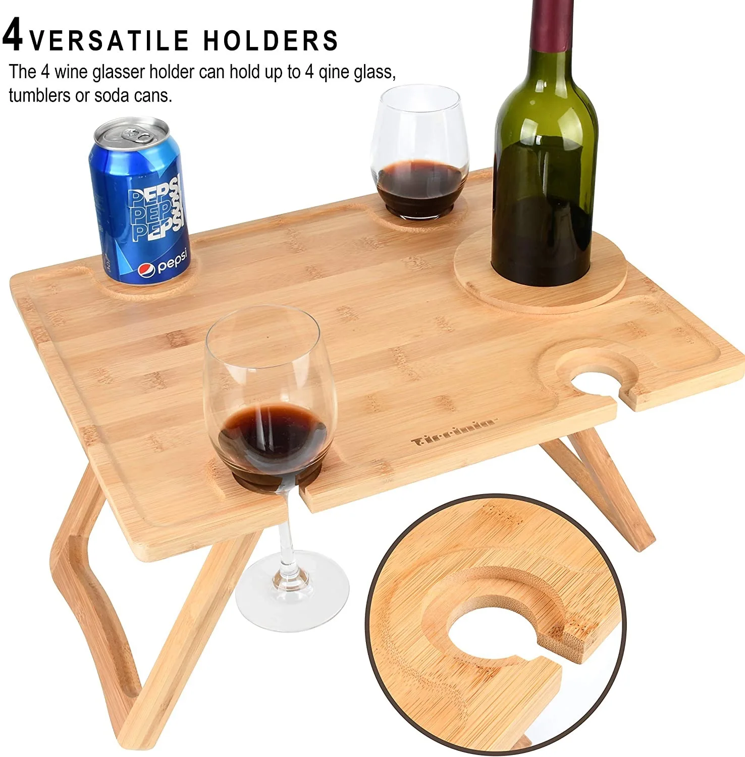 Natural Bamboo Wine Glass Holder Outside Outdoor Wine Table Wooden Foldable Beach Portable Tray Picnic Table
