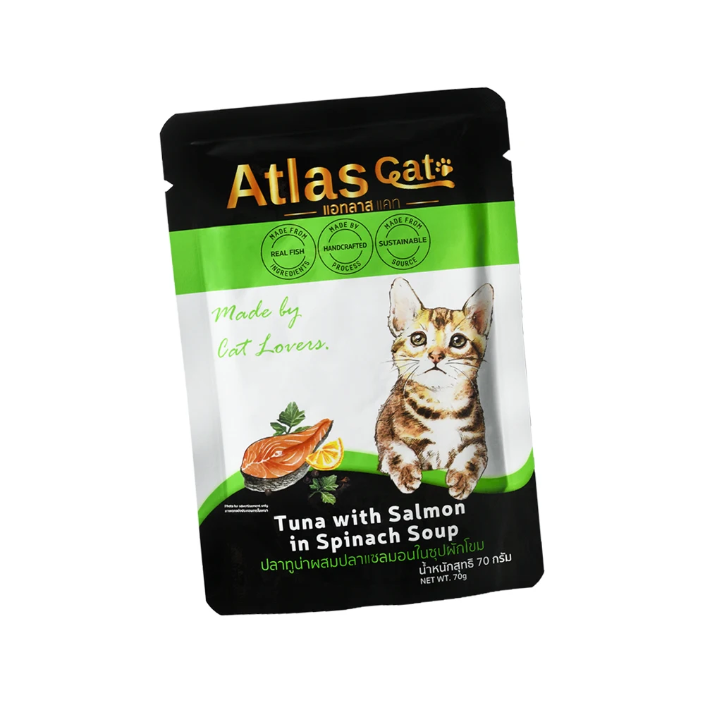 Кошка атласная с тунцом и лососем в супе из шпината 70 г-вкусная кошка влажная еда с витамином А Премиум еда для домашних животных из Таиланда