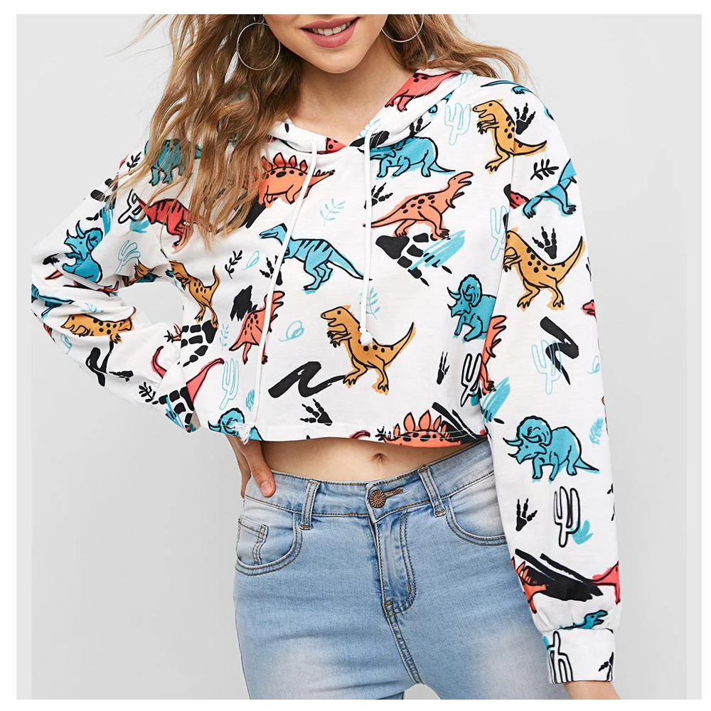 Лидер продаж белый женский укороченный топ из 100% хлопка худи на заказ с длинным рукавом и вырезом