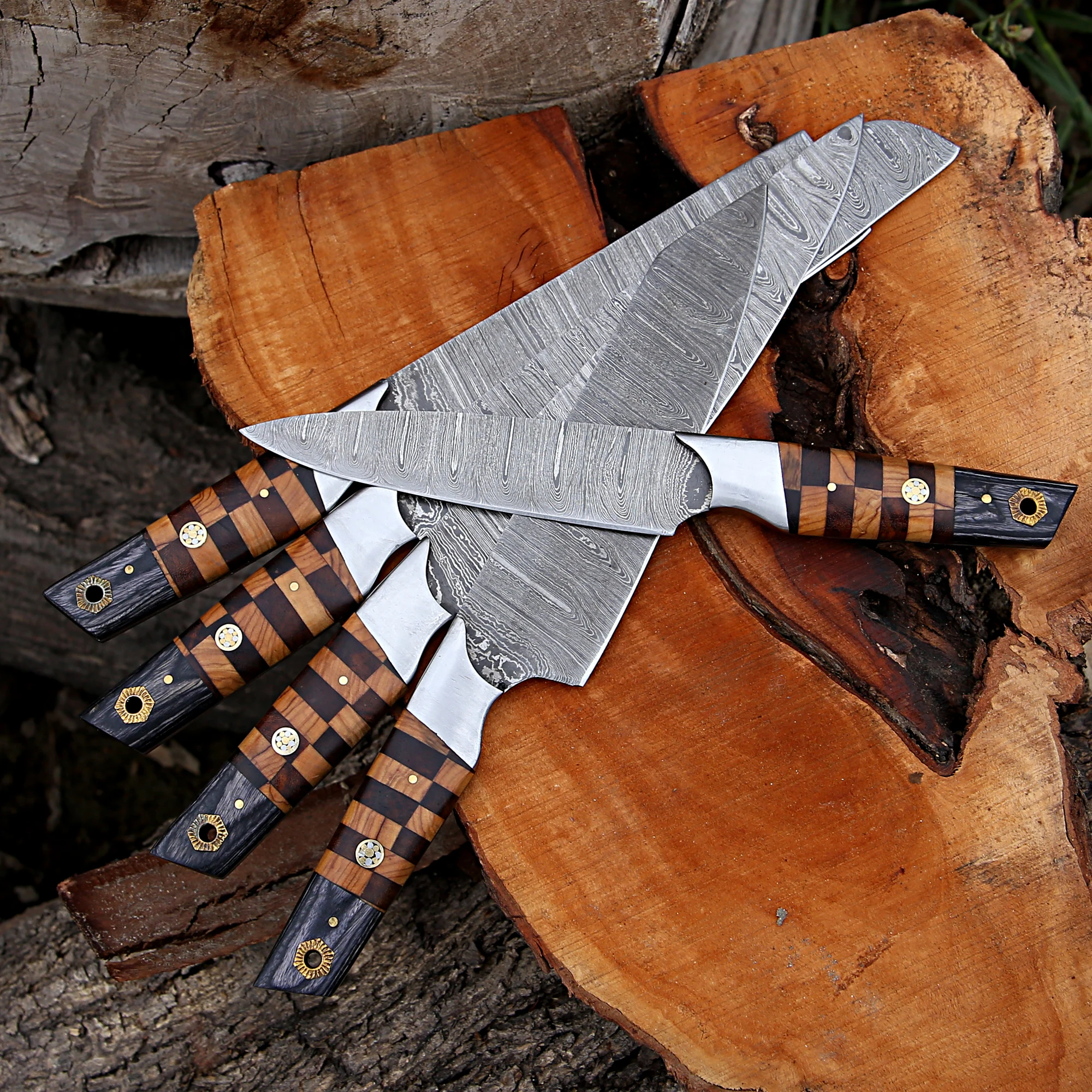 Набор ножей шеф-повара из дамасской стали ручной работы с кожевенным рулоном оптовая продажа острые