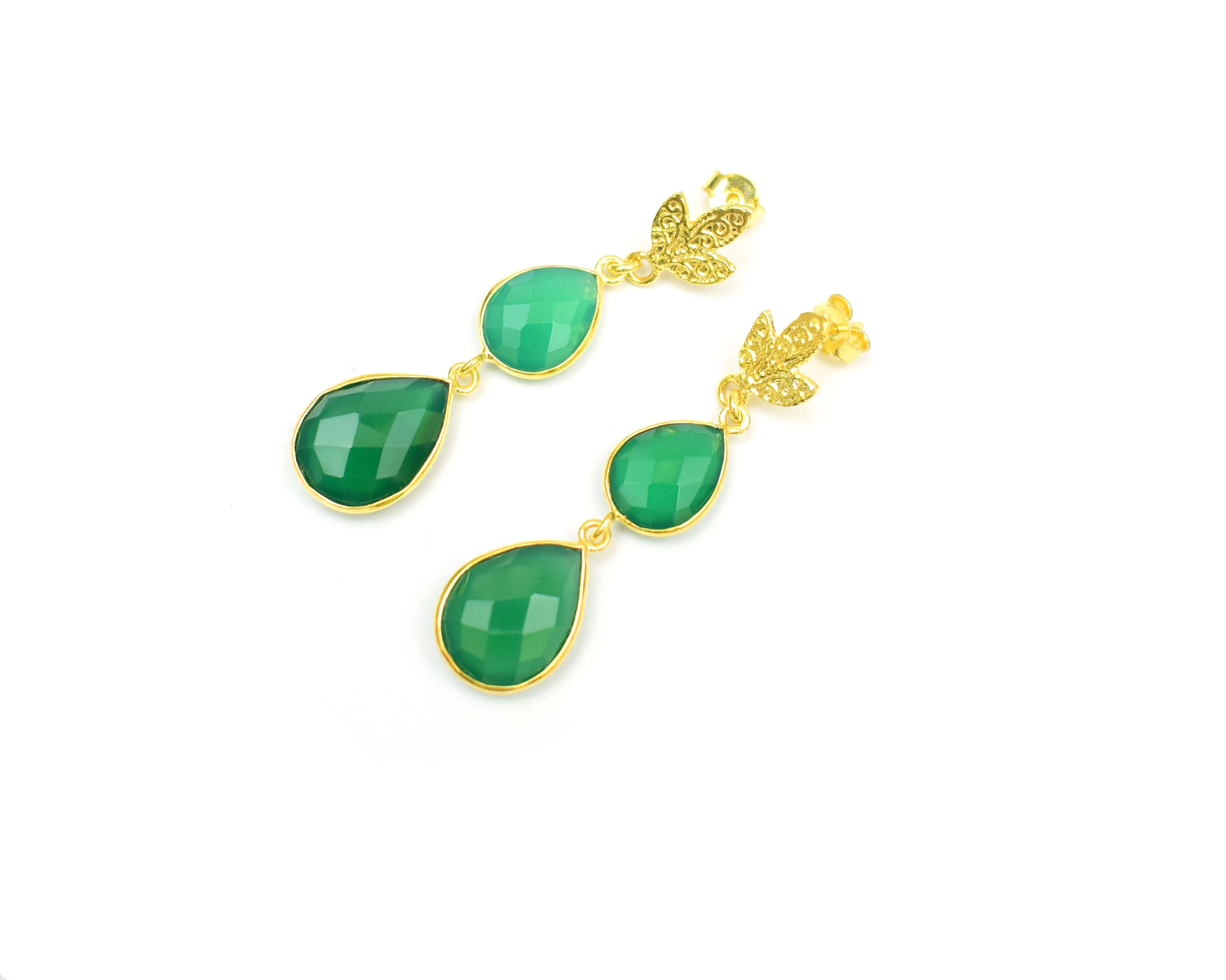 Green Onyx Gemstone Double Stone Earring Set Pear Shape Gold Plated Bezel Connector Stud Weddings Gifts Engagements Made Copper