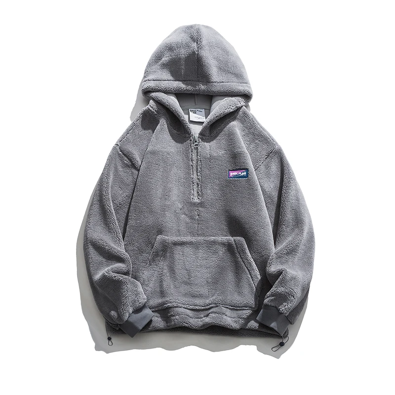 Heavy Plain Hoodies Teddy Fuzzy Black Sherpa Fleece Unisex Half Zip Orem Made Custom Oversized Cotton Hoodie