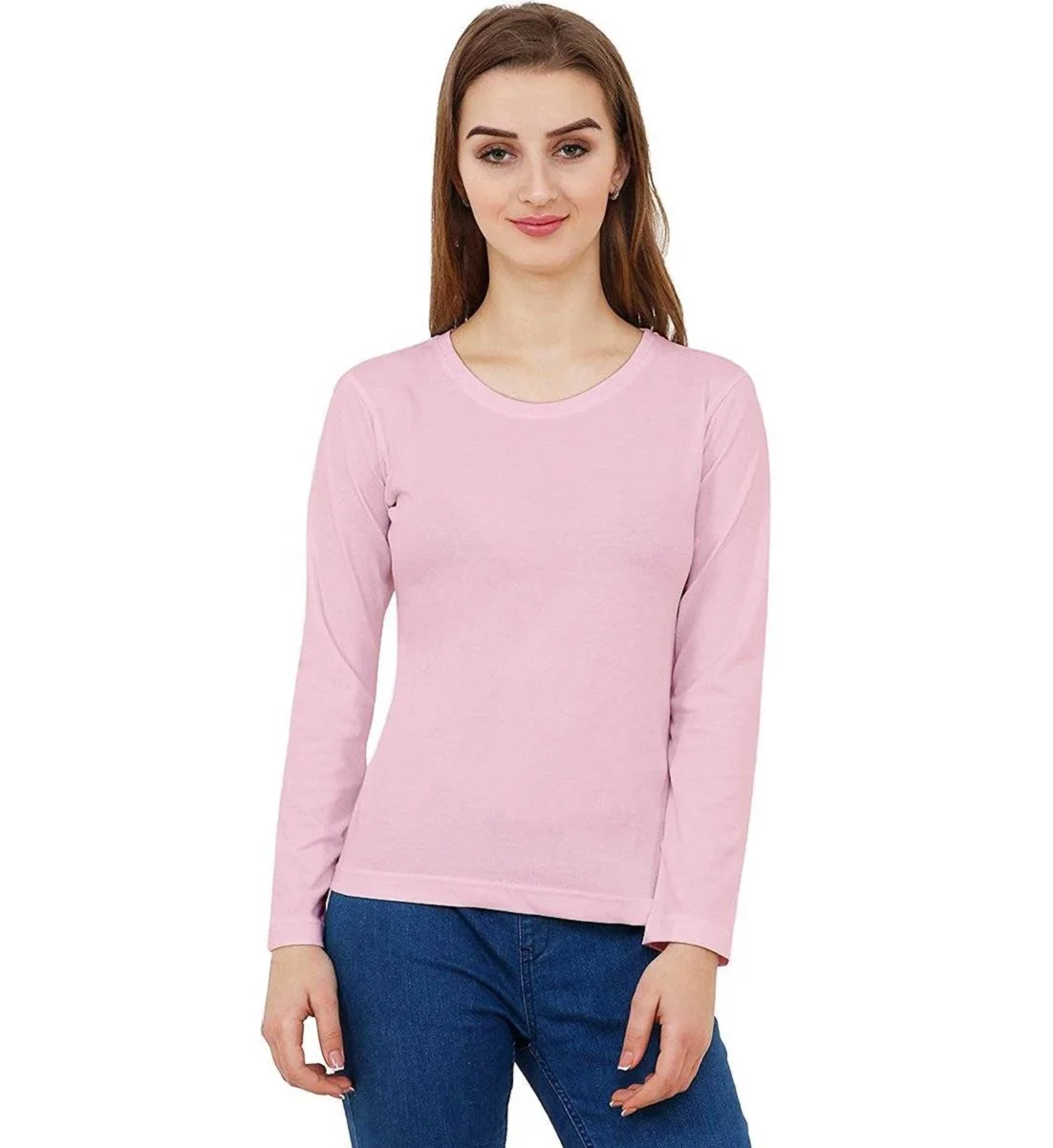 Футболка Женская однотонная с длинными рукавами круглым вырезом дышащие хлопковые футболки для женщин
