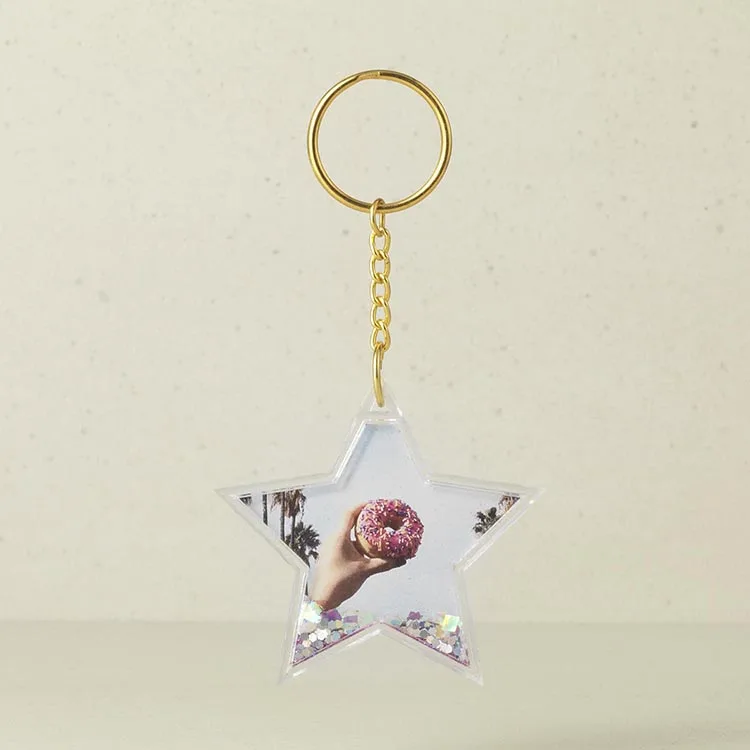 Own Design Fits Two Photos Best Quality Star Shaped Plastic Liquid Glitter Frame Keychain