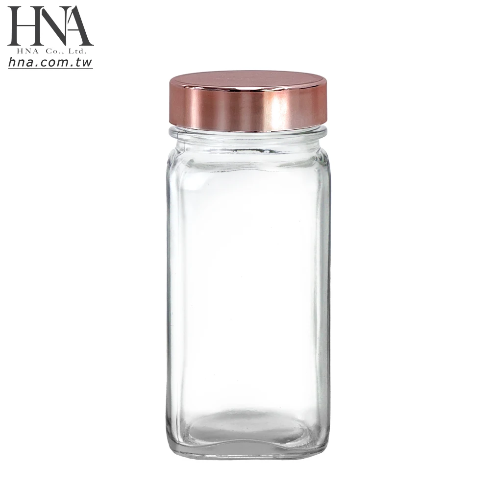 HNA Taiwan Made Glass Spice Jars 4 Ounce Square Bottles with Rose Gold Lid