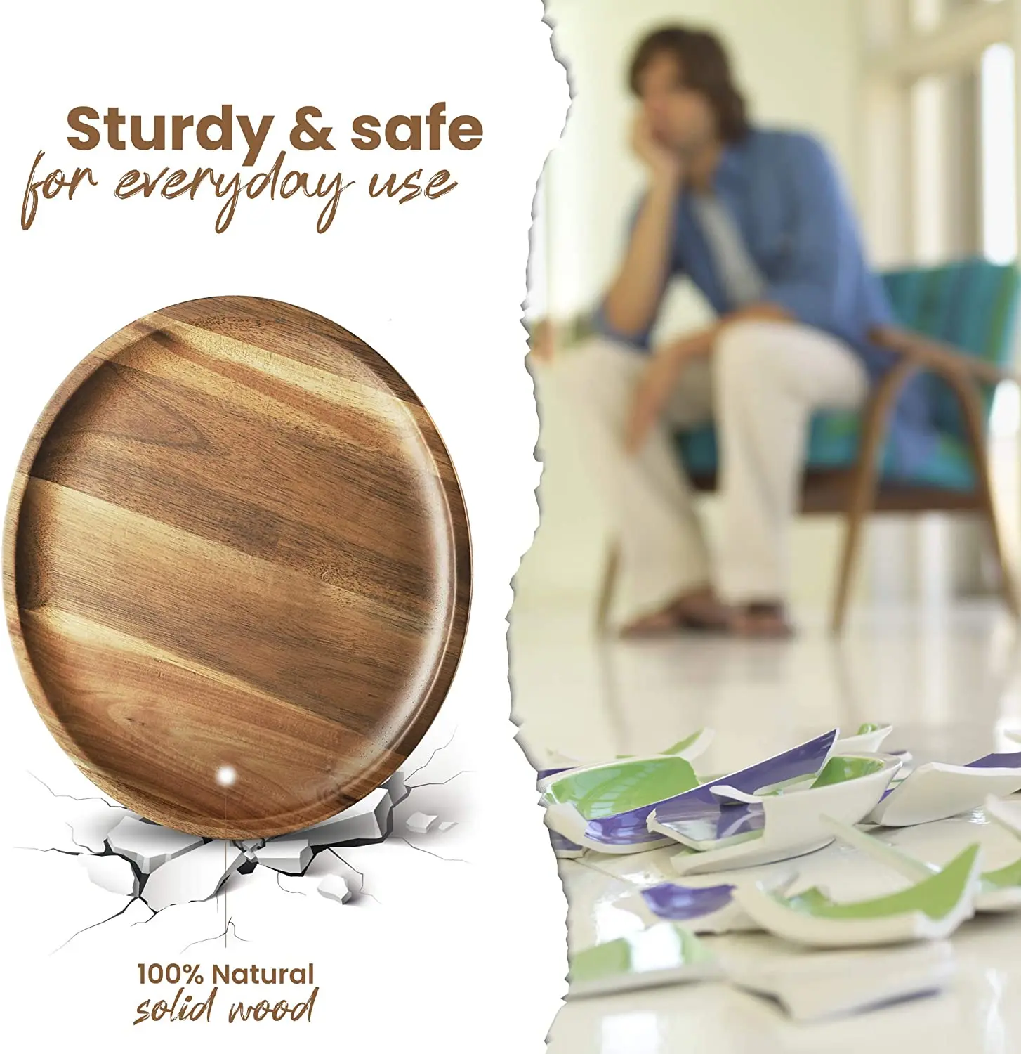Acacia Wood Dinner Plates, 11 Inch Round Wood Plates