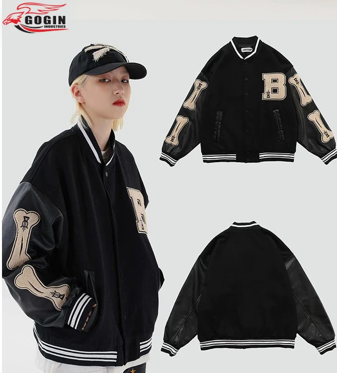 Wholesale Hip Hop Furry Bone Patchwork Color Block College Jackets Mens Casual Bomber baseball Jacket Women Baseball Coats